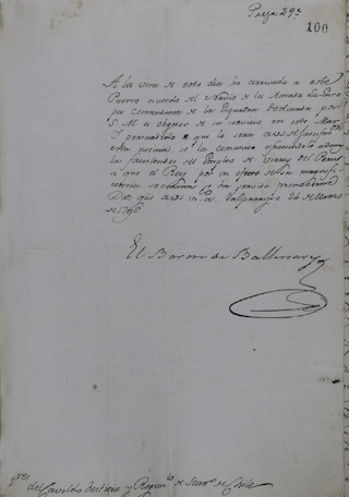 Misiva de Ambrosio O'Higgins al Cabildo de Santiago, Valparaso, 24 marzo 1796.