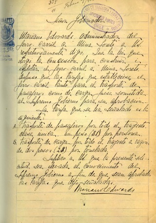 Edwards, Mariano. Administrador del ferrocarril a "Mina Loreto". Al Gobernador de Magallanes: tarifas a cobrar por el ferrocarril desde Punta Arenas a "Mina Loreto". Arenas, 27 de febrero de 1903. 1 pgina. Archivo Nacional. ARNAD, Ministerio de Obras Pblicas; v. 1586, s/f