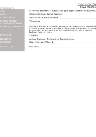 Eastman, Carlos. Al ministro del Interior: autorizaci�n para dejar a Intendente Suplente. Iquique, 18 de enero de 1908. Archivo de la Administraci�n, Clan; mint; v. 3274, p. 2. 2 pp.