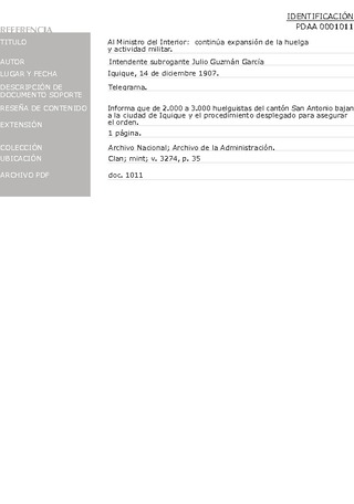 Guzm�n Garc�a, Julio, intendente subrogante. Al ministro del Interior: tel�grafo informa sobre los trabajadores de San Lorenzo. 14 de diciembre de 1907. Archivo de la Administraci�n, Clan; mint; v. 3274, p. 35. 2 pp.