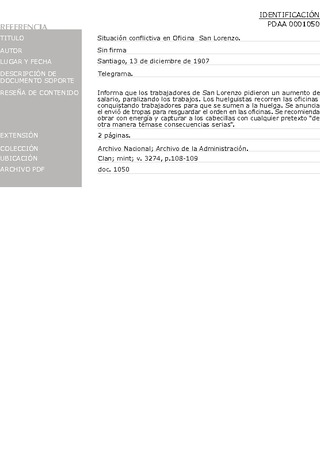 Situaci�n conflictiva en la oficina San Lorenzo por solicitud de aumento de salario. 13 de diciembre de 1907. Archivo de la Administraci�n, Clan; mint; v. 3274, pp. 108-109. 3 pp.