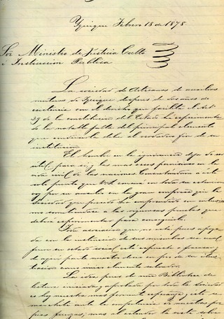 Sociedad de Artesanos de Auxilios Mutuos de Iquique. Al ministro de Instruccin Pblica: formacin de una biblioteca. Iquique, 18 de febrero 1878. 2 fojas. Archivo Nacional. Ministerio de Educacin; v. 360, foja N 35. 2 pp.