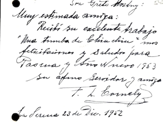 Tarjeta navide�a (reverso) de Francisco Cornely a Grete Mostny. (Archivo Hist�rico Administrativo MNHN).