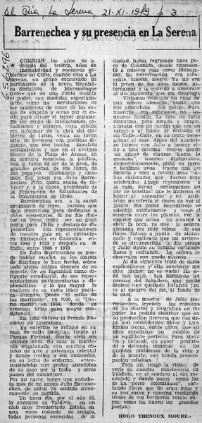 Barrenechea y su presencia en La Serena  [artículo] Hugo Thénoux Moure.