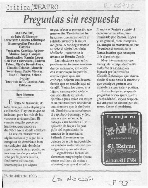 Preguntas sin respuesta  [artículo] Hans Ehrmann.