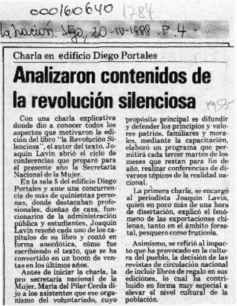Analizaron contenidos de la revolución silenciosa  [artículo].