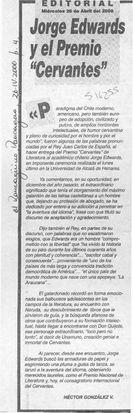 Jorge Edwards y el Premio "Cervantes"  [artículo] Héctor González Valenzuela