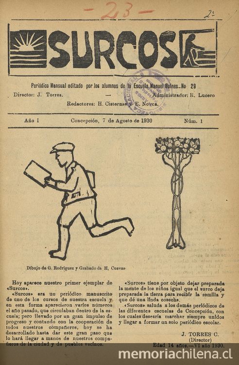 Surcos. Escuela Manuel Bulnes, Concepción. Año 1, N.º 1, p. 1. Portada. Surcos. Escuela Manuel Bulnes, Concepción. Año 1, N.º 1, p. 1. Portada.