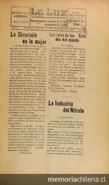 La Luz. Escuela N.º 2 de Niñas, Puerto Aysén, Año 1, N.º 9, 1 de Marzo de 1931, página 2. La Luz. Escuela N.º 2 de Niñas, Puerto Aysén, Año 1, N.º 9, 1 de Marzo de 1931, página 2.