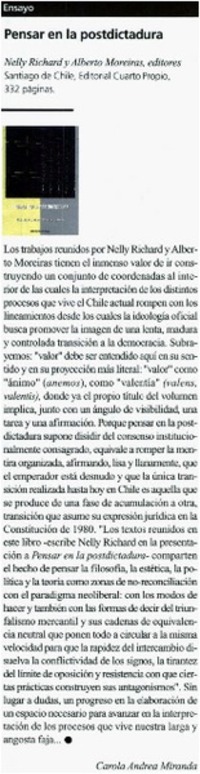 Pensar en la postdictadura Pensar en la postdictadura
