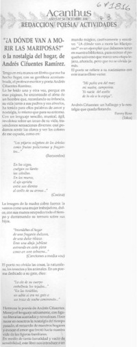 Adónde van a morir las mariposas? o la nostalgia del hogar, de Andrés Cifuentes Ramírez Adónde van a morir las mariposas? o la nostalgia del hogar, de Andrés Cifuentes Ramírez
