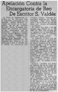 Apelación contra la encargatoria de reo de escritor S. Valdés. Apelación contra la encargatoria de reo de escritor S. Valdés.