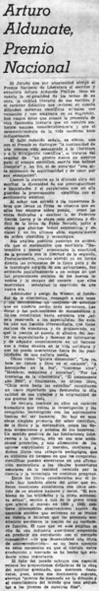 Arturo Aldunate, Premio Nacional. Arturo Aldunate, Premio Nacional.