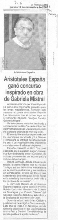 Aristóteles España ganó concurso inspirado en obra de Gabriela Mistral Aristóteles España ganó concurso inspirado en obra de Gabriela Mistral