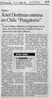 Ariel Dorfman estrena en Chile "Purgatorio". Ariel Dorfman estrena en Chile "Purgatorio".