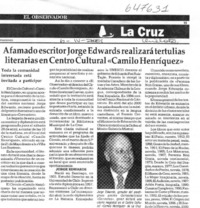 Afamado escritor Jorge Edwards realizará tertulias literarias en Centro Cultural "Camilo Henríquez" Afamado escritor Jorge Edwards realizará tertulias literarias en Centro Cultural "Camilo Henríquez"