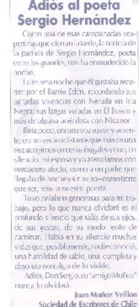 Adiós al poeta Sergio Hernández Adiós al poeta Sergio Hernández