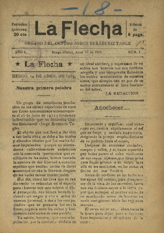 La Flecha órgano del Centro Jorge Errázuriz Tagle.