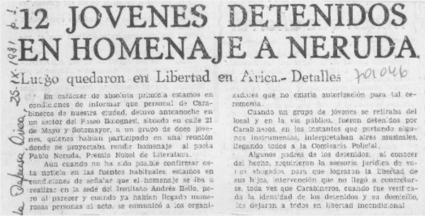12 jóvenes detenidos en homenaje a Neruda.
