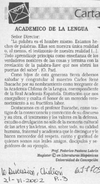 Académico de la Lengua  [artículo] Federico Pastene Labrín