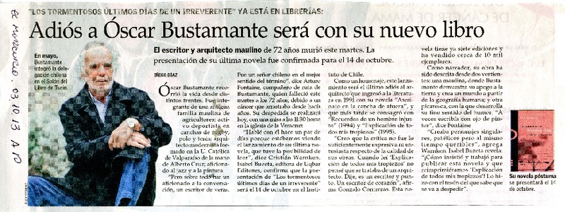 Adiós a Óscar Bustamante será con su nuevo libro  [artículo]