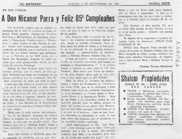 A don Nicanor Parra y feliz 85° cumpleaños  [artículo] Cristina Urrutia Sepúlveda