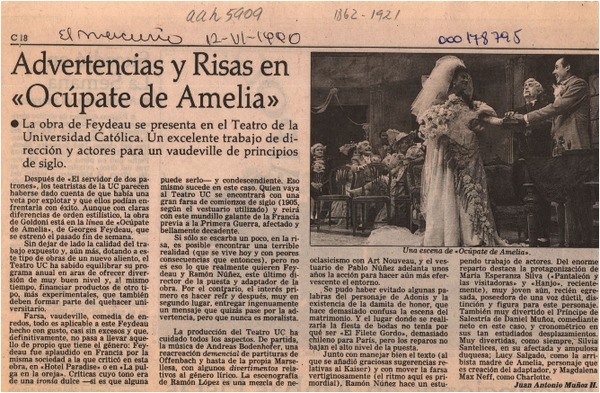 Advertencias y risas en "Ocúpate de Amelia"  [artículo] Juan Antonio Muñoz H.