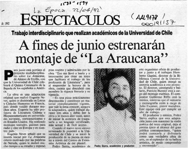 A fines de junio estrenarán montaje de "La Araucana"  [artículo].