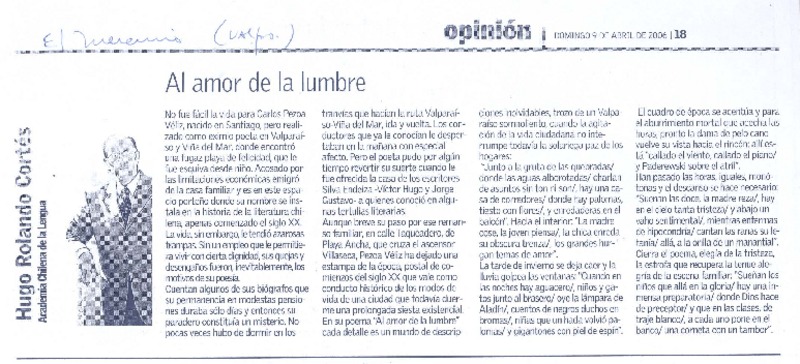 Al amor de la lumbre  [artículo] Hugo Rolando Cortés.