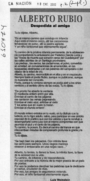 Alberto Rubio, despedida de un amigo  [artículo] Luis Weinstein