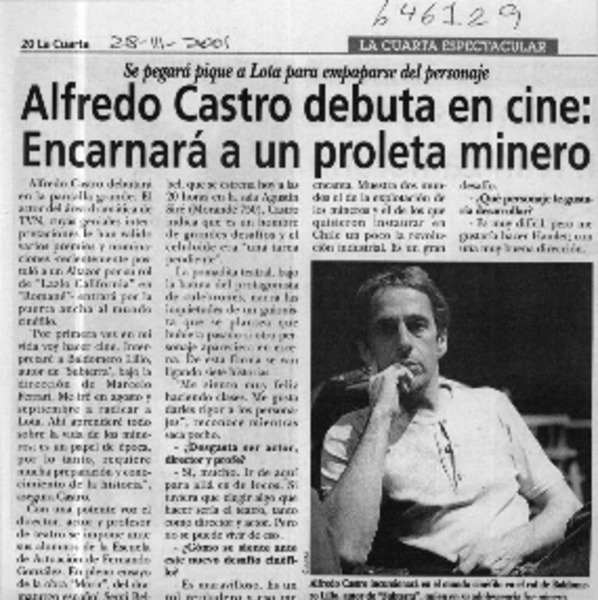 Alfredo Castro debuta en cine, encarnará a un proleta minero