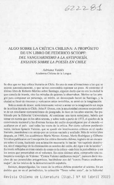 Algo sobre la crítica chilena, a propósito de un libro de Federico Schopf, Del vanguardismo a la antipoesía, ensayos sobre la poesía de Chile