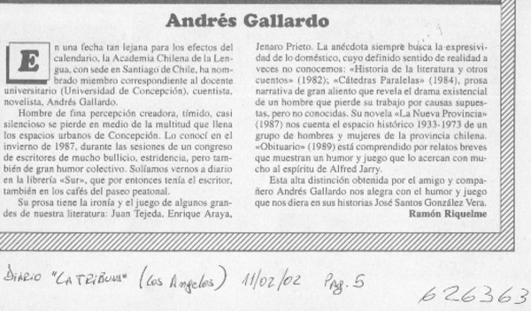 Andrés Gallardo  [artículo] Ramón Riquelme