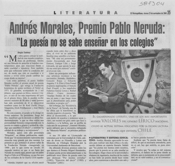 Andrés Morales, Premio Pablo Neruda: "La poesía no se sabe enseñar en los colegios"