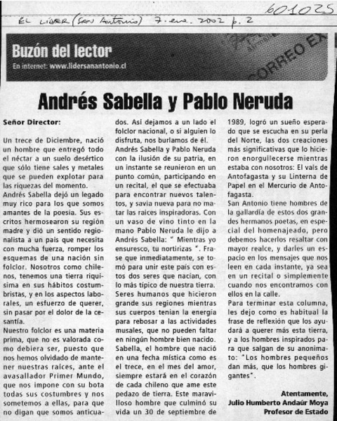 Andrés Sabella y Pablo Neruda  <artículo> Julio Humberto Andaur Moya