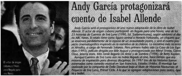 Andy García protagonizará cuento de Isabel Allende