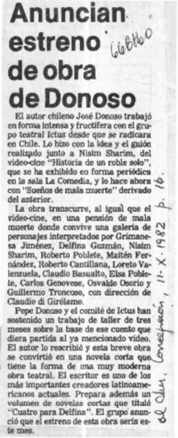 Anuncian estreno de obra de Donoso.  [artículo]