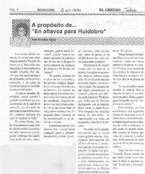A propósito de -- "En altavoz para Huidobro"