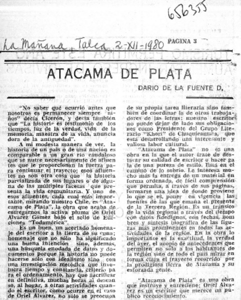 Atacama de plata  [artículo] Darío de la Fuente D.
