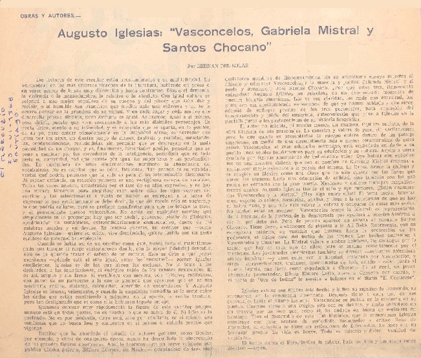 Augusto Iglesias: "Vasconcelos, Gabriela Mistral y Santos Chocano"