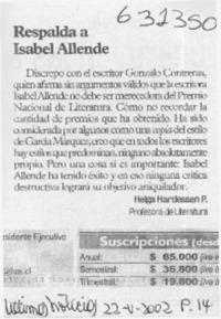 Respalda a Isabel Allende  [artículo] Helga Hardessen P.