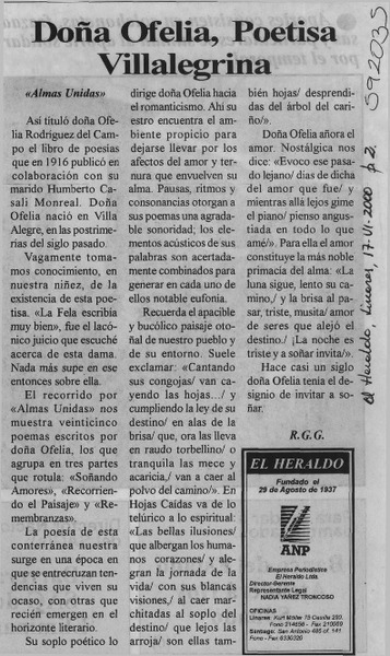 Doña Ofelia, poetisa villalegrina  [artículo] R. G. G.