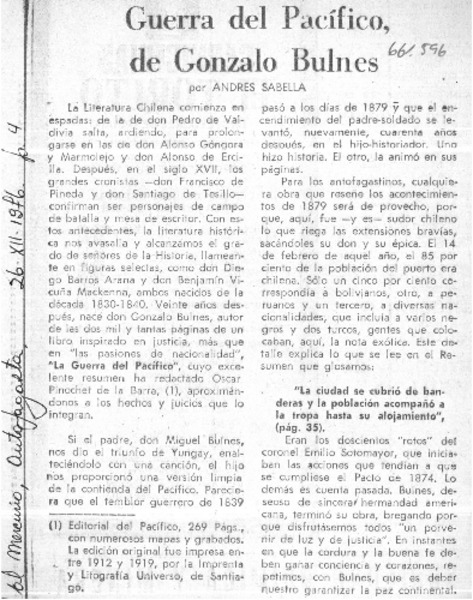 Guerra del Pacífico, de Gonzalo Bulnes  [artículo] Andrés Sabella.
