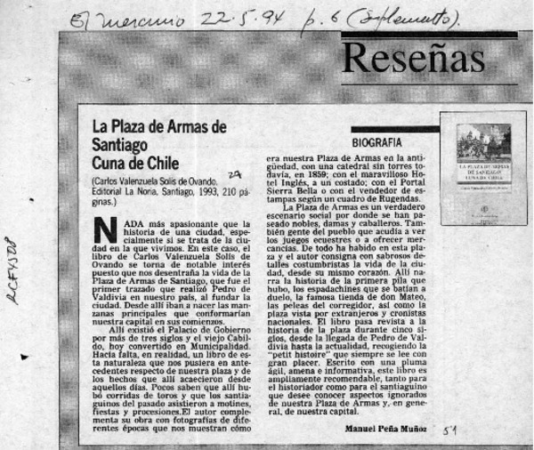 La Plaza de Armas de Santiago, cuna de Chile  [artículo] Manuel Peña Muñoz.