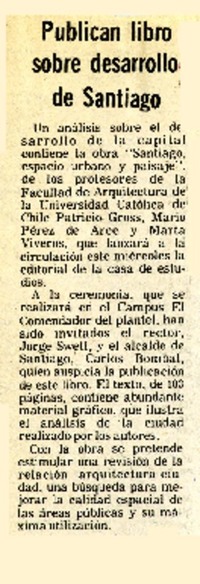 Publican libro sobre desarrollo de Santiago.  [artículo]