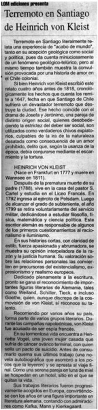 Terremoto en Santiago de Heinrich von Kleist