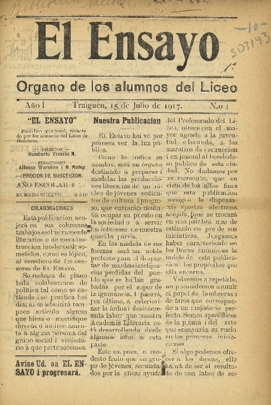 El Ensayo Organo de los Alumnos del Liceo.