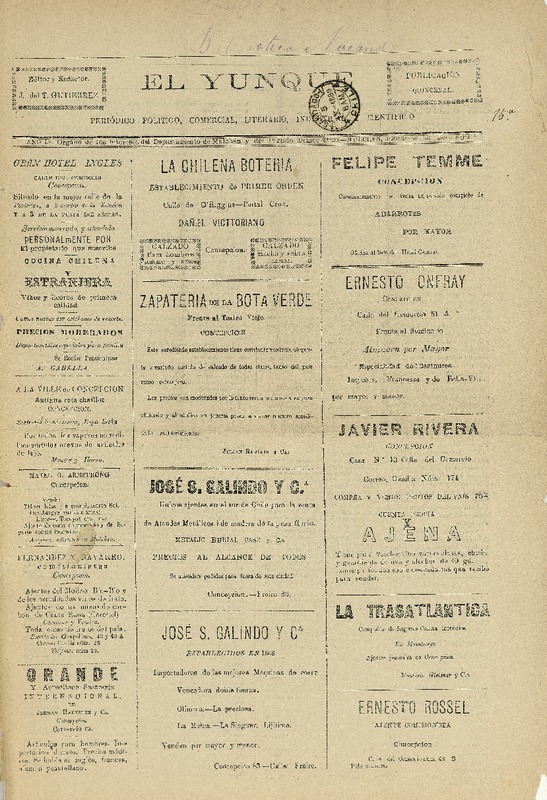 El Yunque órgano de los intereses del Departamento de Mulchen y del Partido Democrático.