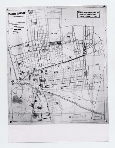 Plano de Santiago, con los proyectos de canalización del Río, Camino de Cintura, Ferrocarriles, etc.