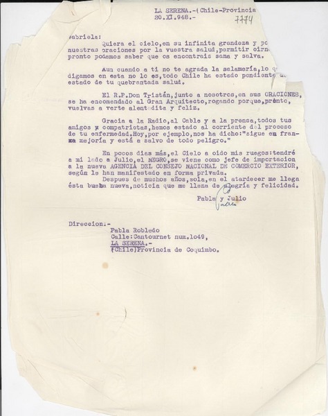 [Carta] 1948 nov. 20, La Serena, Chile [a] Gabriela Mistral